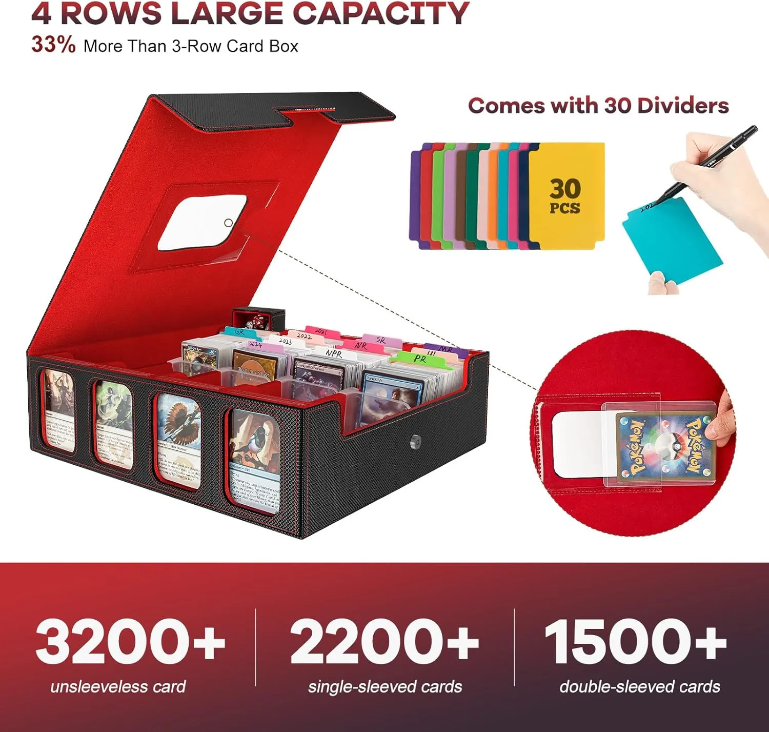 Card Storage Box 3200  MTG Deck Box with 30 Colorful Divider, Commander Trading Card Cases with Portable Handle & Viewing Windows Fits for MTG/TCG/Magic Cards (Black & Red)