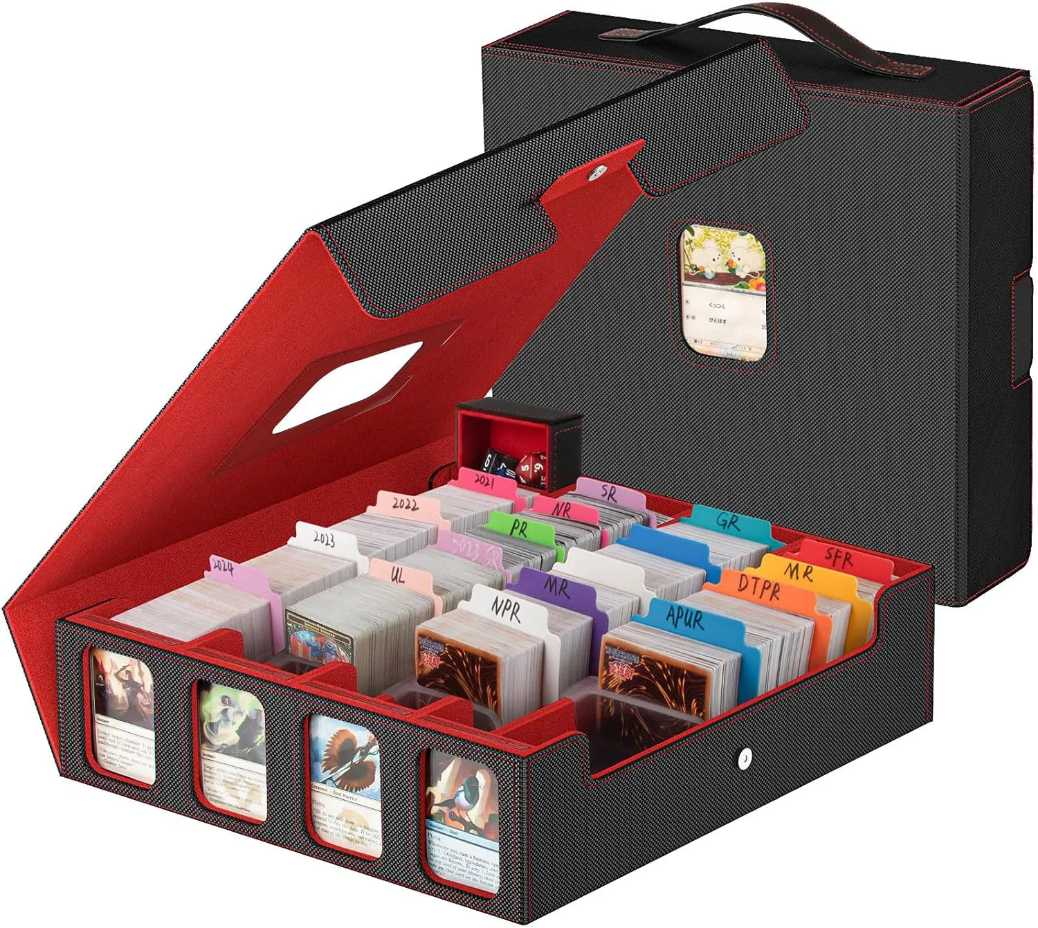 Card Storage Box 3200  MTG Deck Box with 30 Colorful Divider, Commander Trading Card Cases with Portable Handle & Viewing Windows Fits for MTG/TCG/Magic Cards (Black & Red)