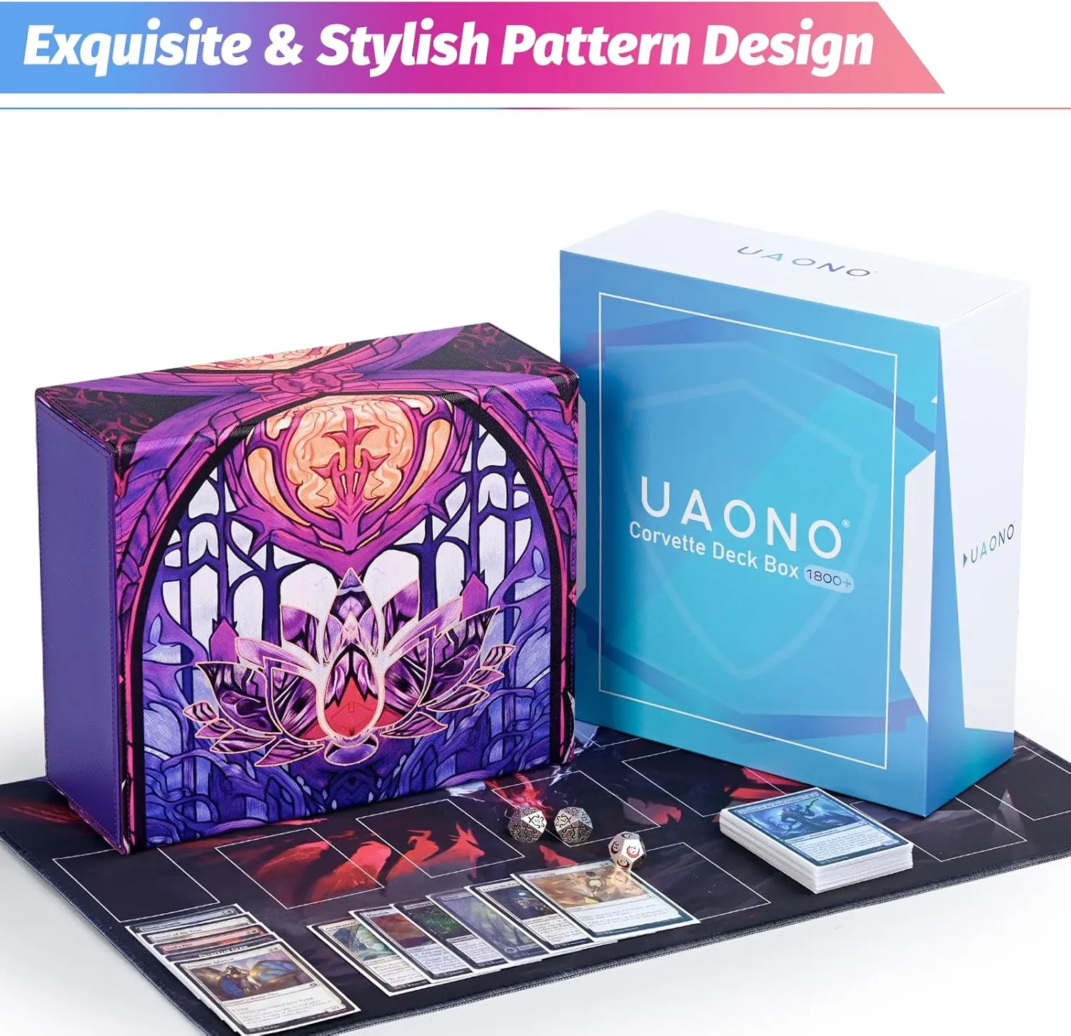 Card Storage Box for MTG, Trading Card Deck Box Holds 1800  with 6 Dividers, Leather Printing Magnetic Closure Storage Case Fits TCG CCG Sports (Violet, Lotus)