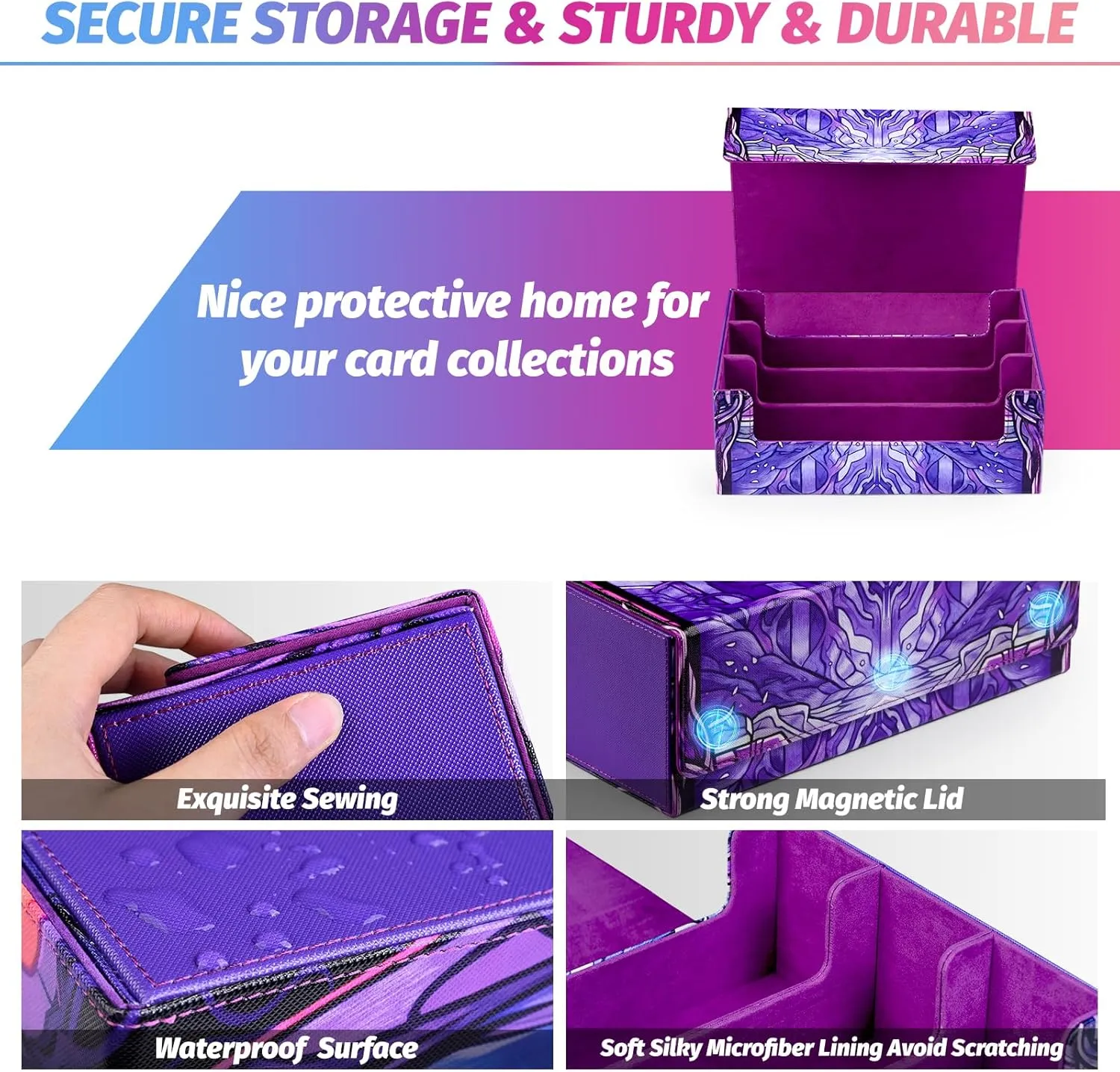 Card Storage Box for MTG, Trading Card Deck Box Holds 1800  with 6 Dividers, Leather Printing Magnetic Closure Storage Case Fits TCG CCG Sports (Violet, Lotus)
