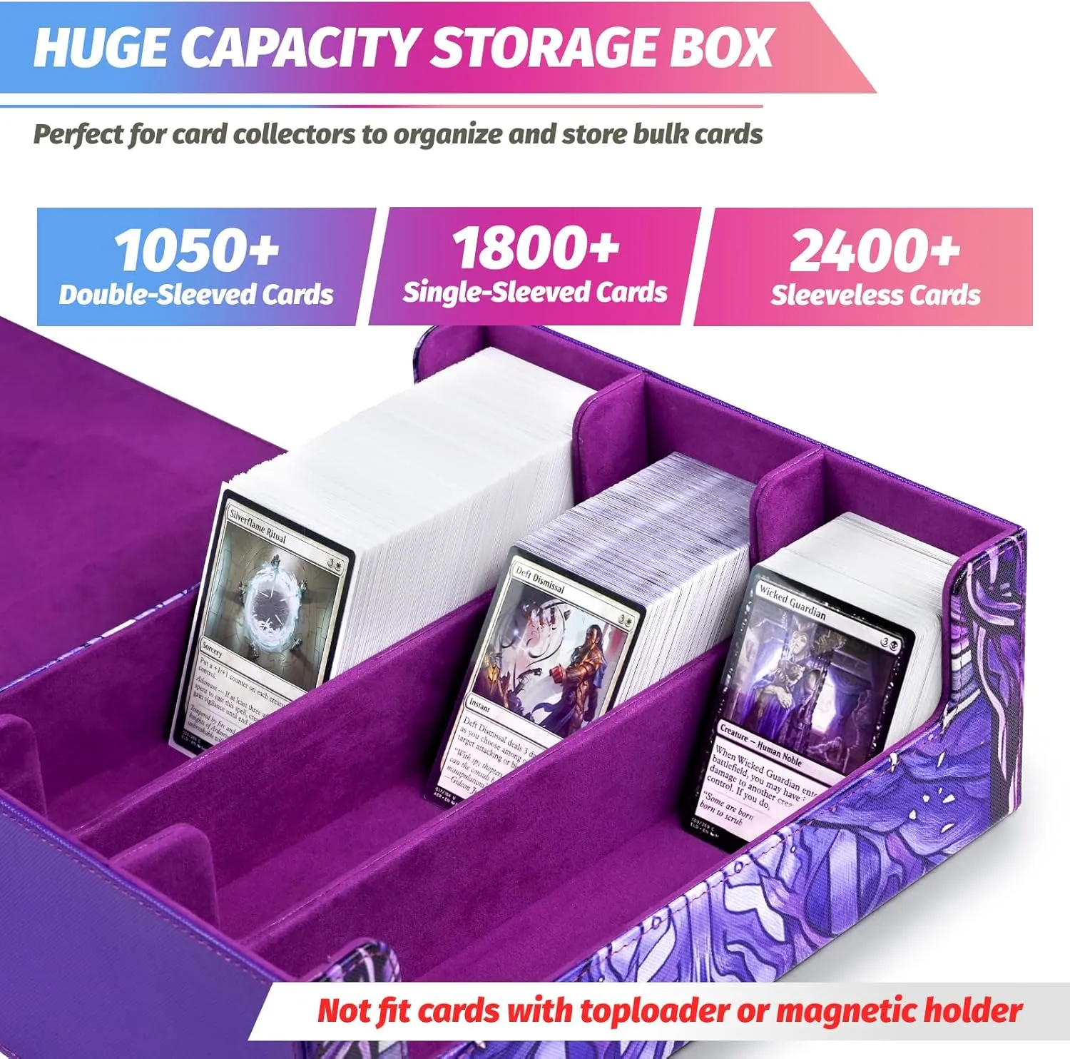 Card Storage Box for MTG, Trading Card Deck Box Holds 1800  with 6 Dividers, Leather Printing Magnetic Closure Storage Case Fits TCG CCG Sports (Violet, Lotus)