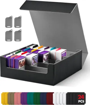 Card Storage Box for Trading Cards, 2400  MTG Commander Deck Box With 24pcs Colorful Divider, Card Case Fits for Magic TCG PTCG Game Cards(Black&Gray)