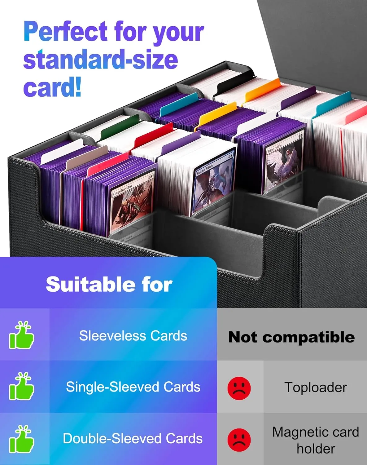 Card Storage Box for Trading Cards, 2400  MTG Commander Deck Box With 24pcs Colorful Divider, Card Case Fits for Magic TCG PTCG Game Cards(Black&Gray)