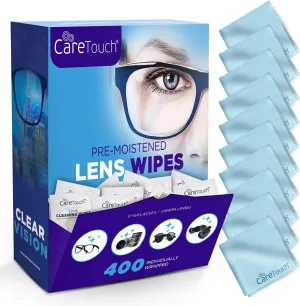 Care Touch Lens Wipes for Eyeglasses with Microfiber Cloths, 400 Glasses Wipes and 10 Microfiber Cloths - Eyeglass Wipes Individually Wrapped, Eye Glasses Lens Cleaning Wipes, Eyeglass Cleaner Wipes