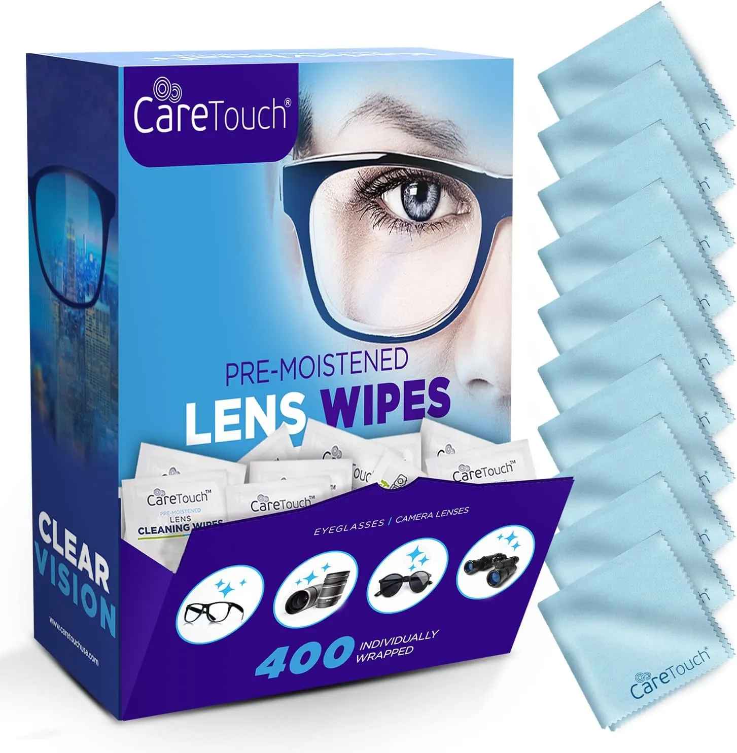 Care Touch Lens Wipes for Eyeglasses with Microfiber Cloths, 400 Glasses Wipes and 10 Microfiber Cloths - Eyeglass Wipes Individually Wrapped, Eye Glasses Lens Cleaning Wipes, Eyeglass Cleaner Wipes