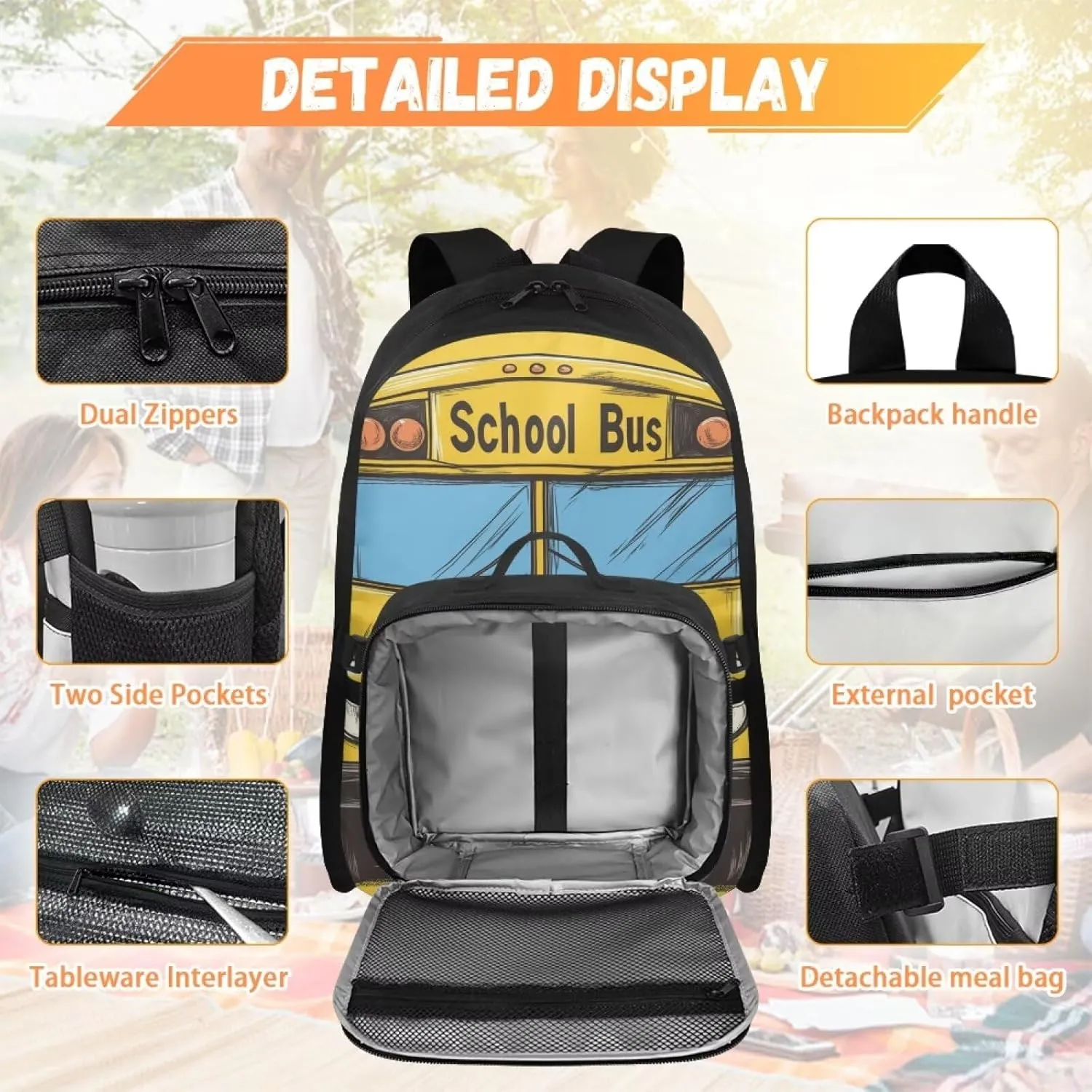 Cartoon School Bus Backpack and Lunch Box Set for Kids Boys Cars Themed Bookbag for Girls 1ST Grade Cute Printed Laptop Shoulder Bag Set of 2