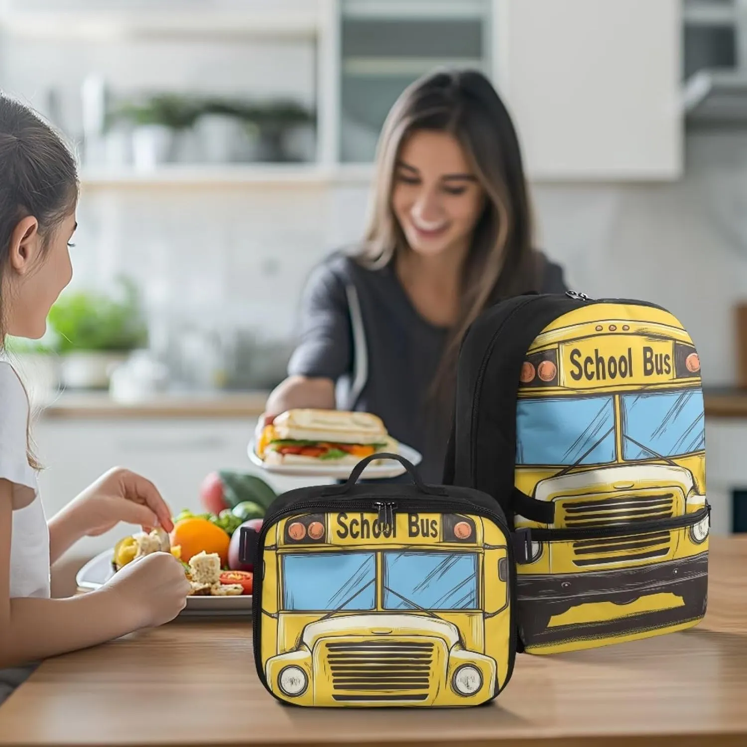 Cartoon School Bus Backpack and Lunch Box Set for Kids Boys Cars Themed Bookbag for Girls 1ST Grade Cute Printed Laptop Shoulder Bag Set of 2