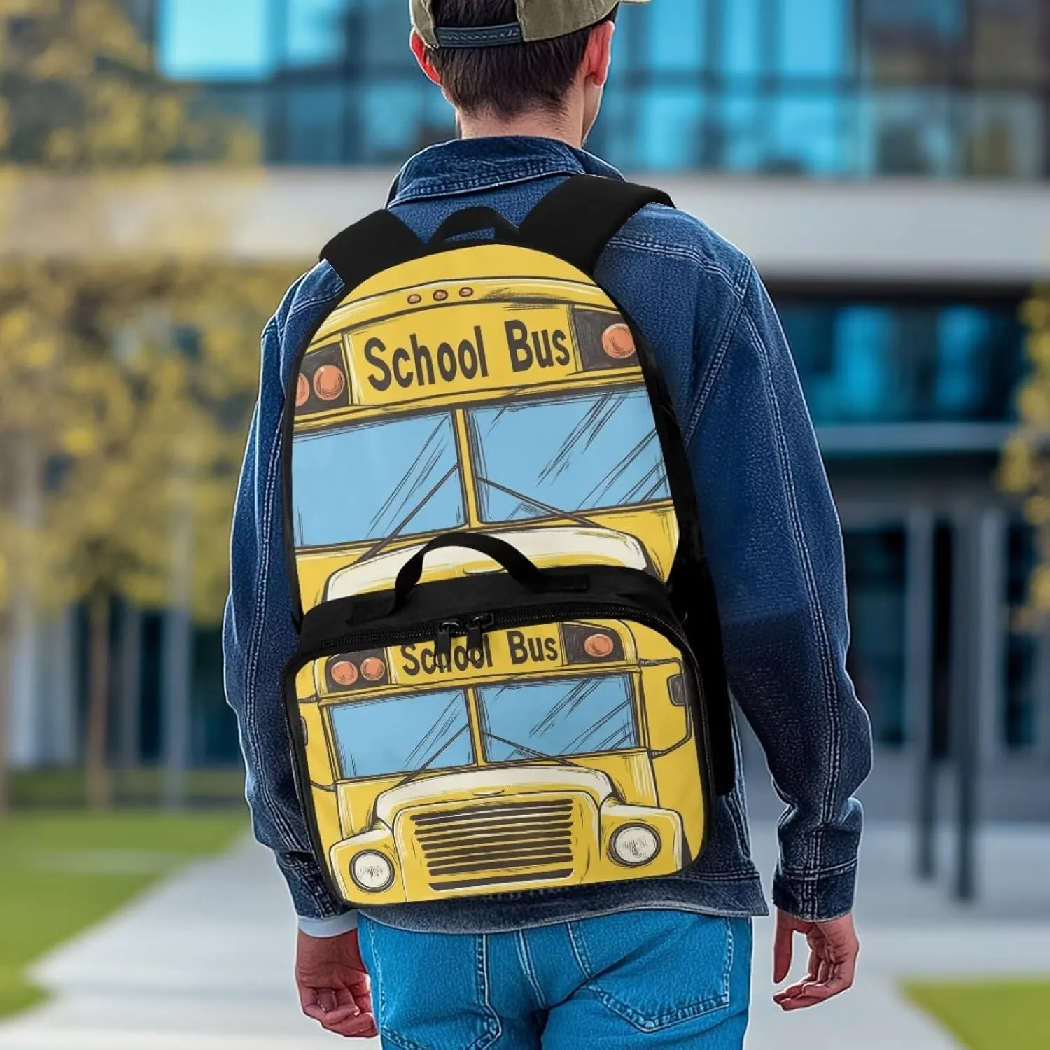 Cartoon School Bus Backpack and Lunch Box Set for Kids Boys Cars Themed Bookbag for Girls 1ST Grade Cute Printed Laptop Shoulder Bag Set of 2