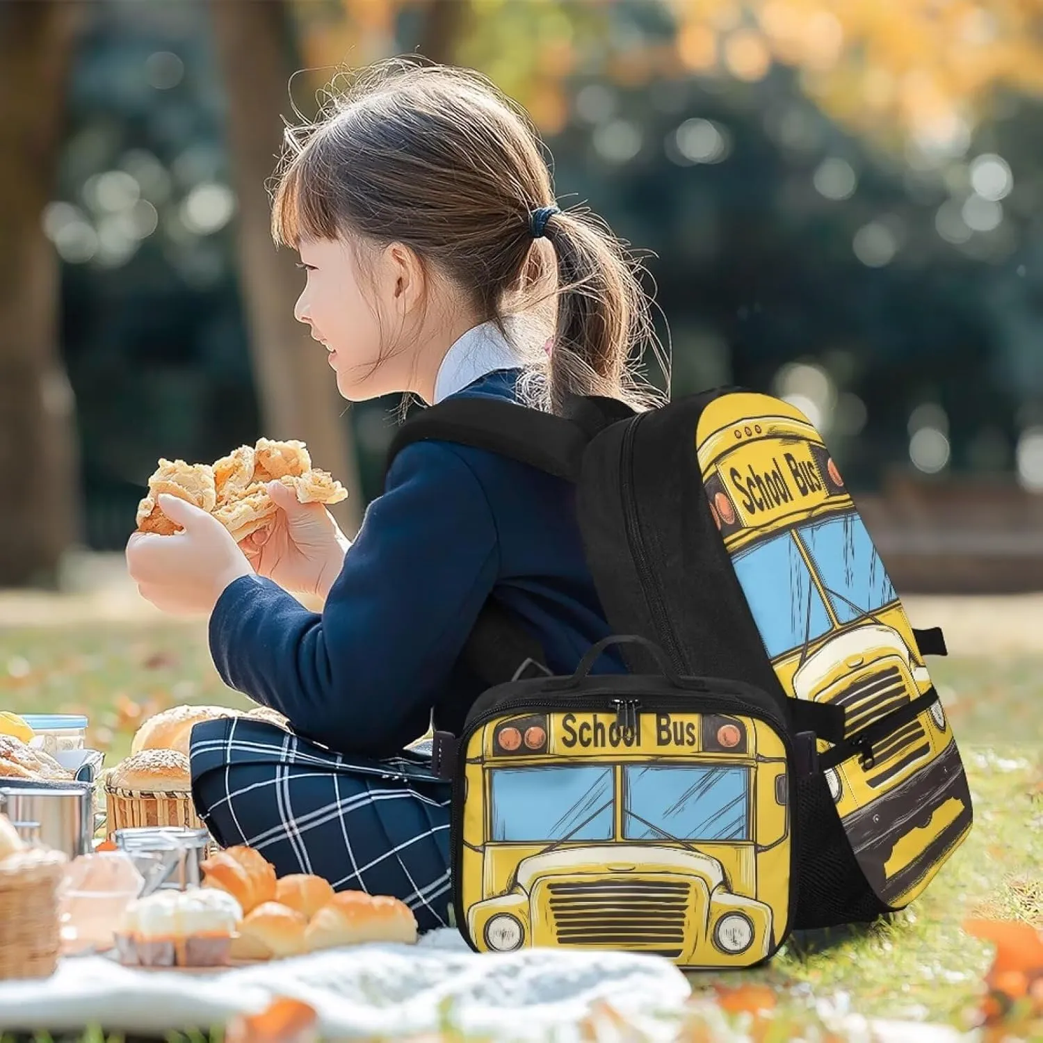Cartoon School Bus Backpack and Lunch Box Set for Kids Boys Cars Themed Bookbag for Girls 1ST Grade Cute Printed Laptop Shoulder Bag Set of 2