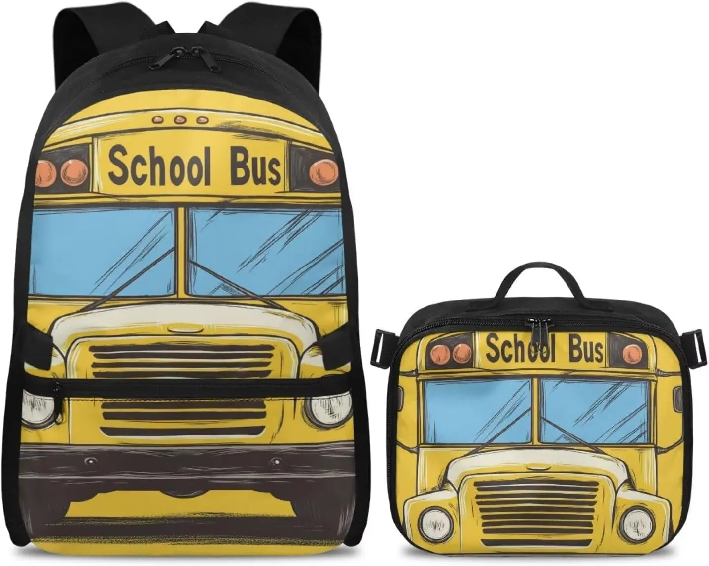 Cartoon School Bus Backpack and Lunch Box Set for Kids Boys Cars Themed Bookbag for Girls 1ST Grade Cute Printed Laptop Shoulder Bag Set of 2