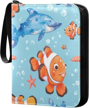 Cartoon Sea Fishes Card Binder 4 Pocket Trading Card Album Fits 400 Sports/Game Cards, PU Cover 3 Ring Card Collection with 50 Removable Sleeves