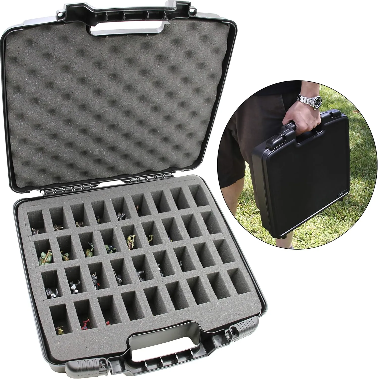 CASEMATIX Hard Shell Miniature Storage Travel Case - 36 Figurine Organizer and Carrying Case with Foam Interior Compatible with DND, Warhammer 40K Minis and More!