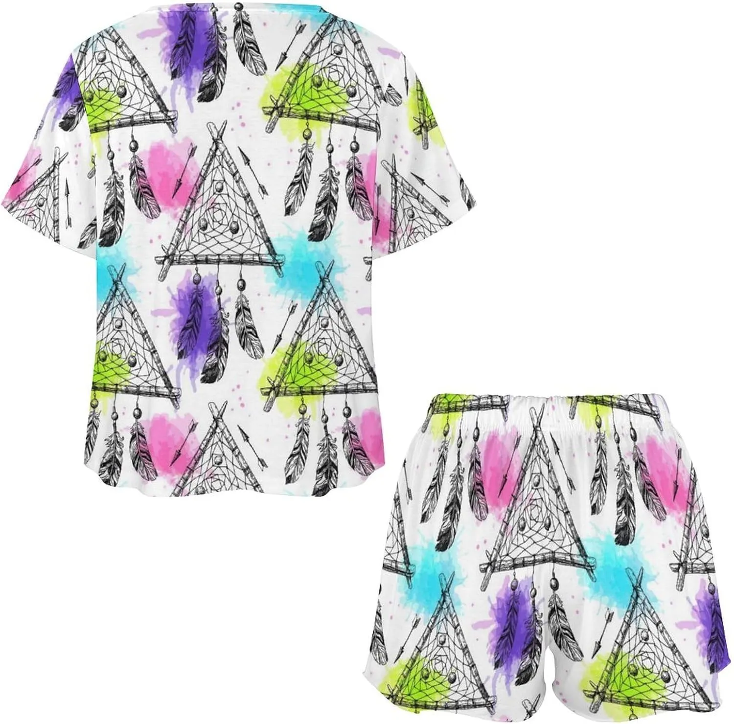 Casual Dreamcatcher Summer 2 Piece Ladies Pajama Short Sleeves Nightgown Set with Pockets