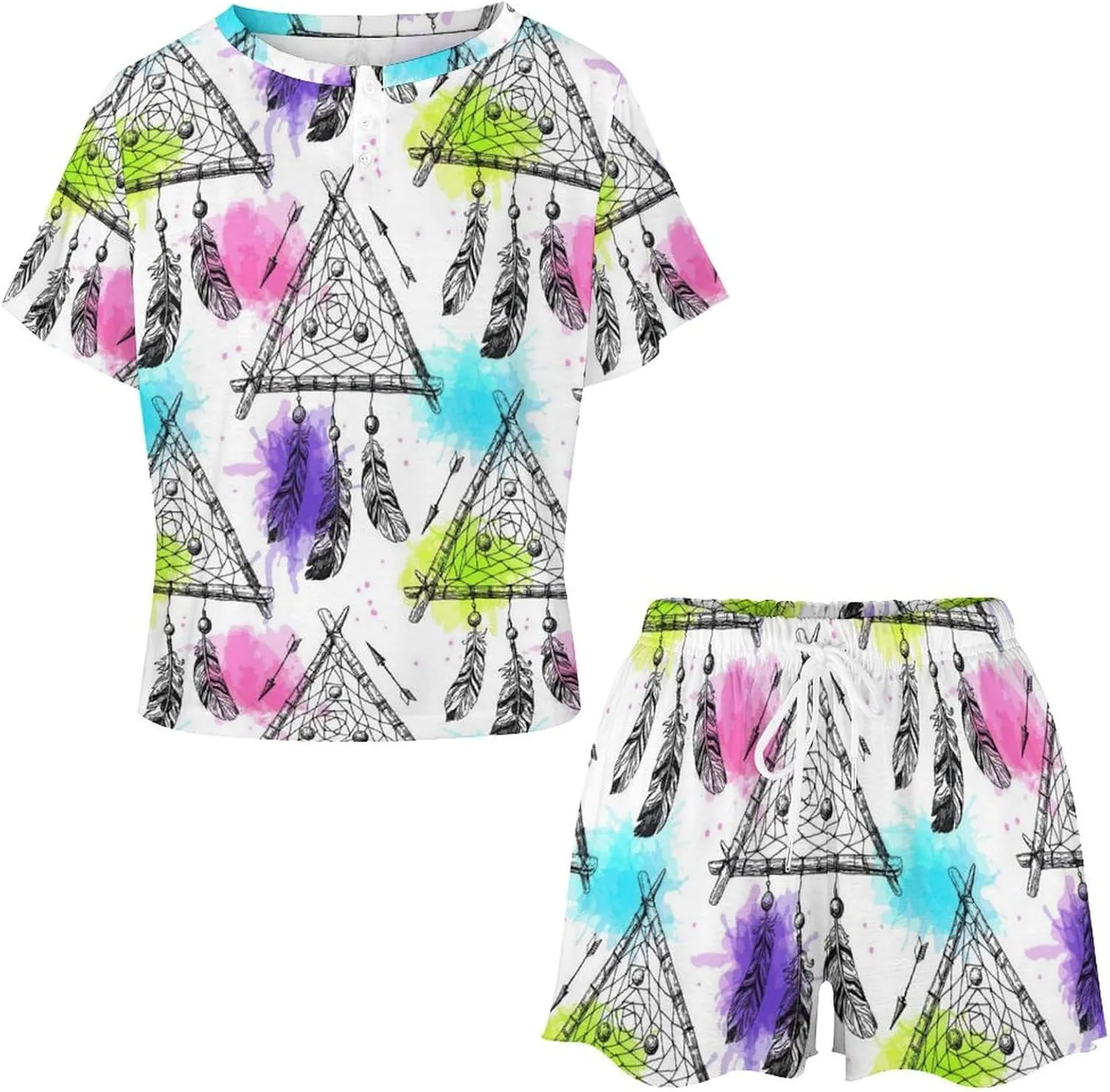 Casual Dreamcatcher Summer 2 Piece Ladies Pajama Short Sleeves Nightgown Set with Pockets