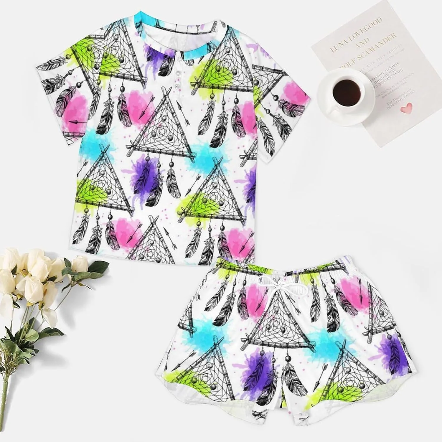 Casual Dreamcatcher Summer 2 Piece Ladies Pajama Short Sleeves Nightgown Set with Pockets