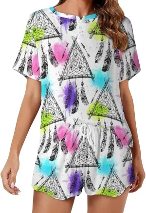Casual Dreamcatcher Summer 2 Piece Ladies Pajama Short Sleeves Nightgown Set with Pockets