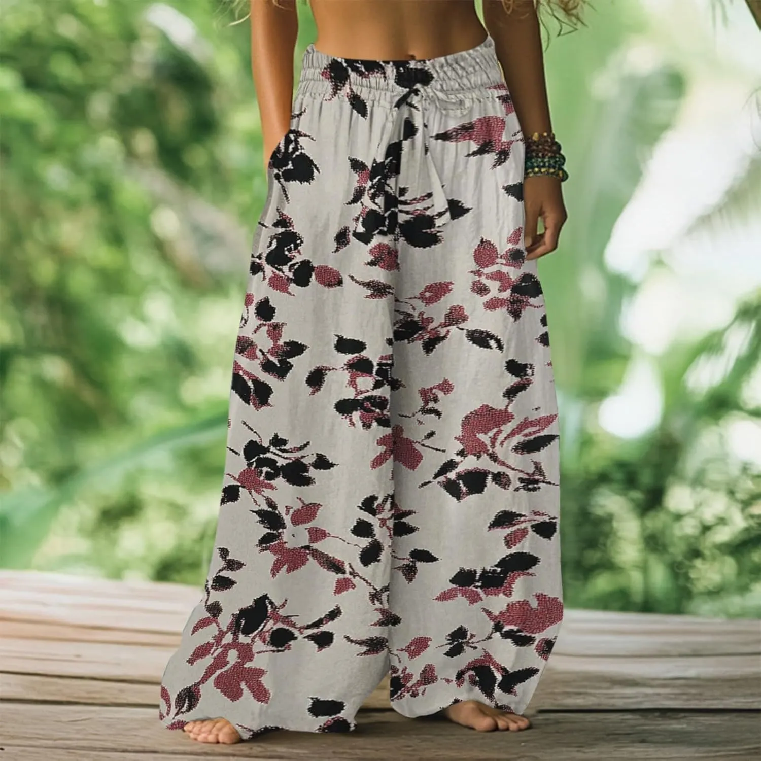 Casual Summer Dresses for Women 2025,Womens Wide Leg Pants Baggy Floral Sun Dresses Pants High Waisted Boho Trousers