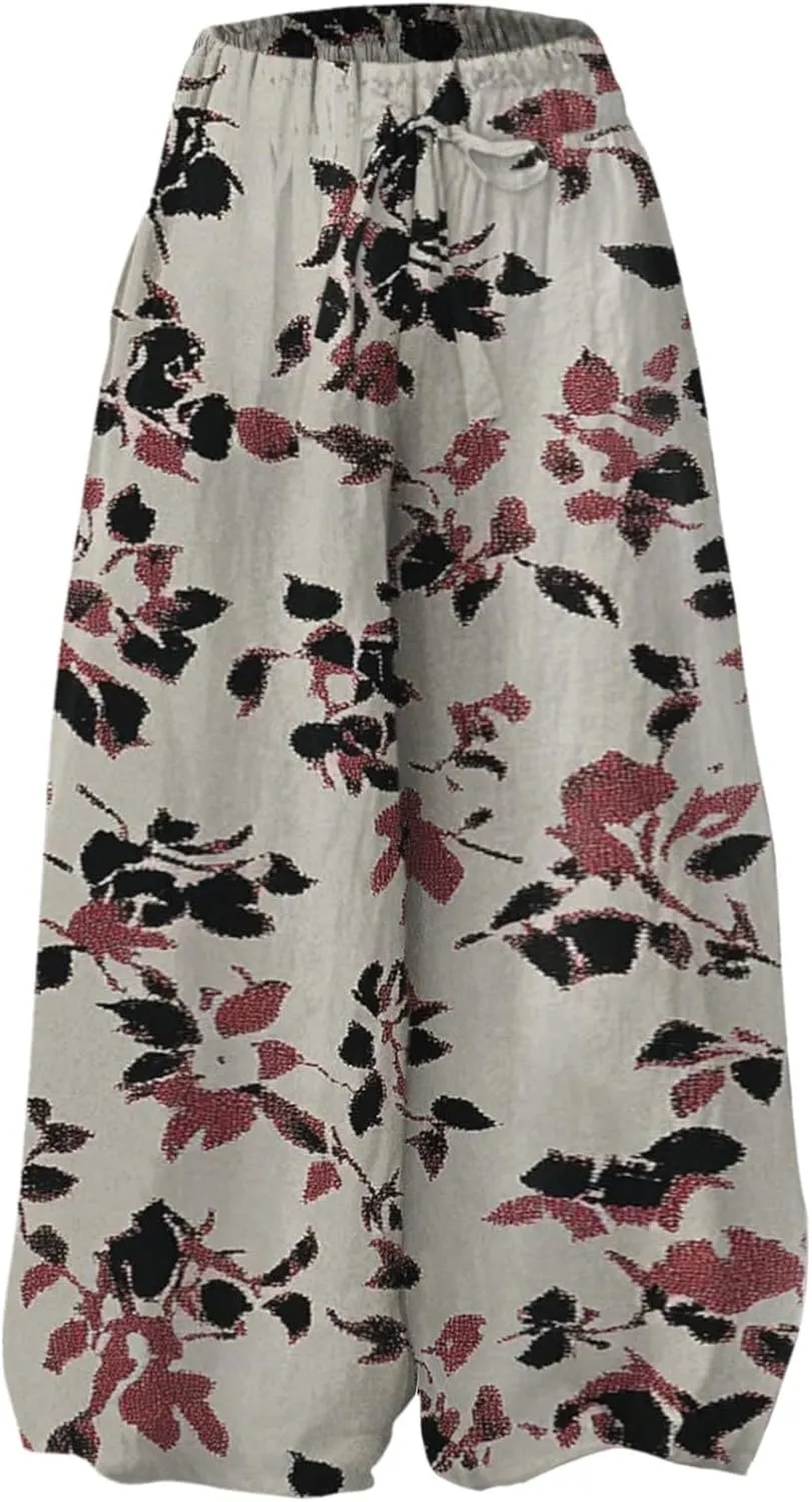 Casual Summer Dresses for Women 2025,Womens Wide Leg Pants Baggy Floral Sun Dresses Pants High Waisted Boho Trousers