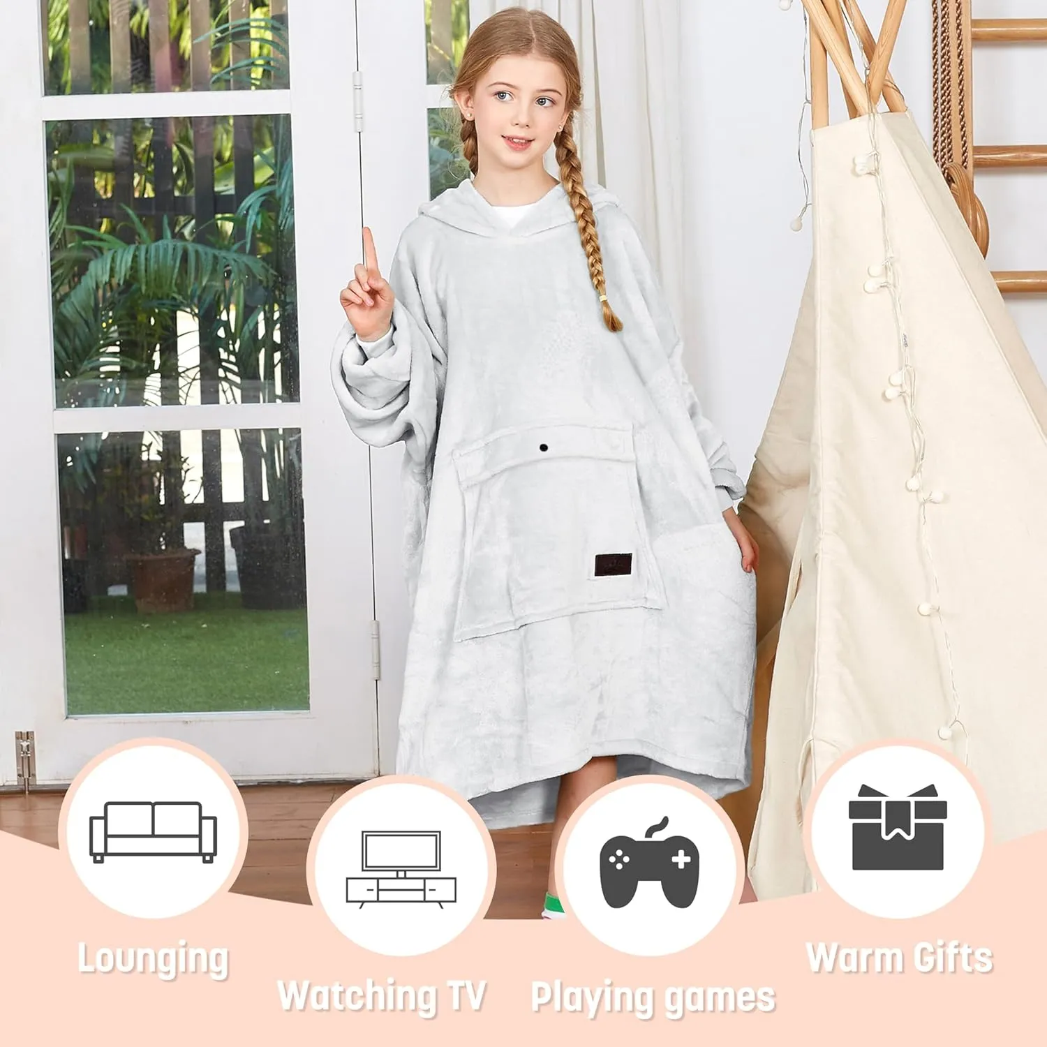 Catalonia Oversized Blanket Hoodie Sweatshirt for Kids, Wearable Fleece Pullover with Large Front Pocket, Teen Boys Girls Gift Dove Grey