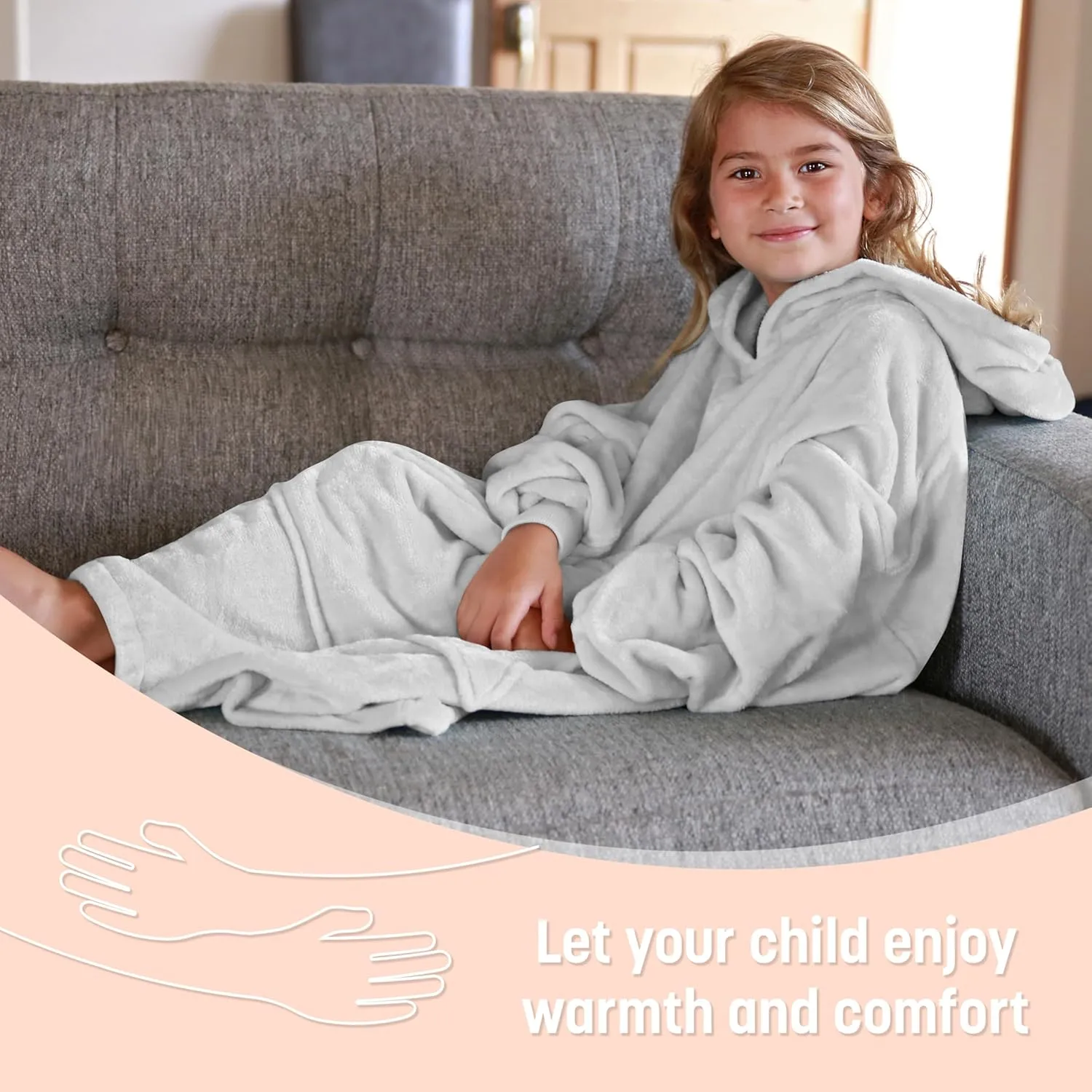 Catalonia Oversized Blanket Hoodie Sweatshirt for Kids, Wearable Fleece Pullover with Large Front Pocket, Teen Boys Girls Gift Dove Grey