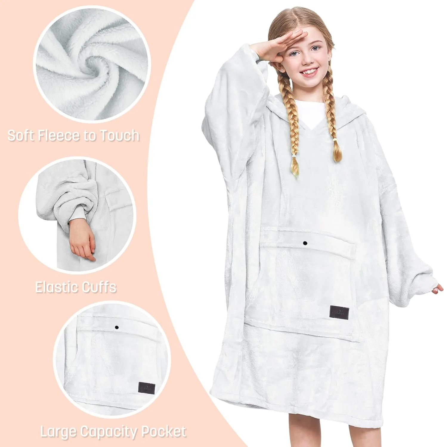 Catalonia Oversized Blanket Hoodie Sweatshirt for Kids, Wearable Fleece Pullover with Large Front Pocket, Teen Boys Girls Gift Dove Grey