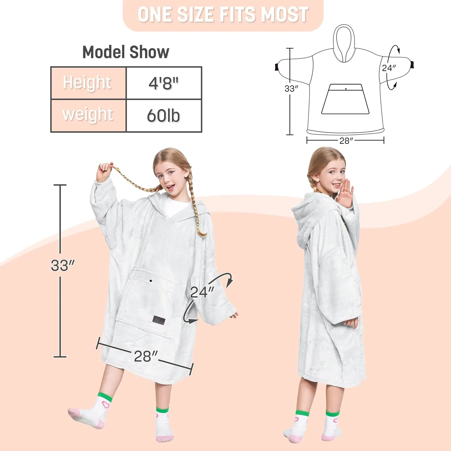 Catalonia Oversized Blanket Hoodie Sweatshirt for Kids, Wearable Fleece Pullover with Large Front Pocket, Teen Boys Girls Gift Dove Grey