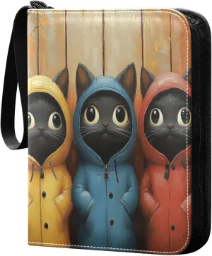 Cats with Colorful Jackets Cards Binder 4 Pocket Fits 400 Cards with 50 Removable Sleevesves, Trading Card Collector Zipper Album Holder Portable Card Games Display Storage Cases