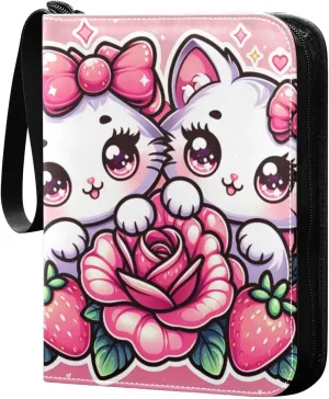 Cats with Pink Bows Card Binder 4 Pocket Trading Card Album Fits 400 Sports/Game Cards, PU Cover 3 Ring Card Collection with 50 Removable Sleeves