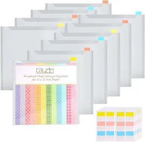 Caydo Scrapbook Paper Storage Organizer with 60 Sticky Index Tabs, 10 Pack Plastic Paper Storage Bag for Holding 12 x 12 Inch Scrapbooking Cardstock Vinyl File