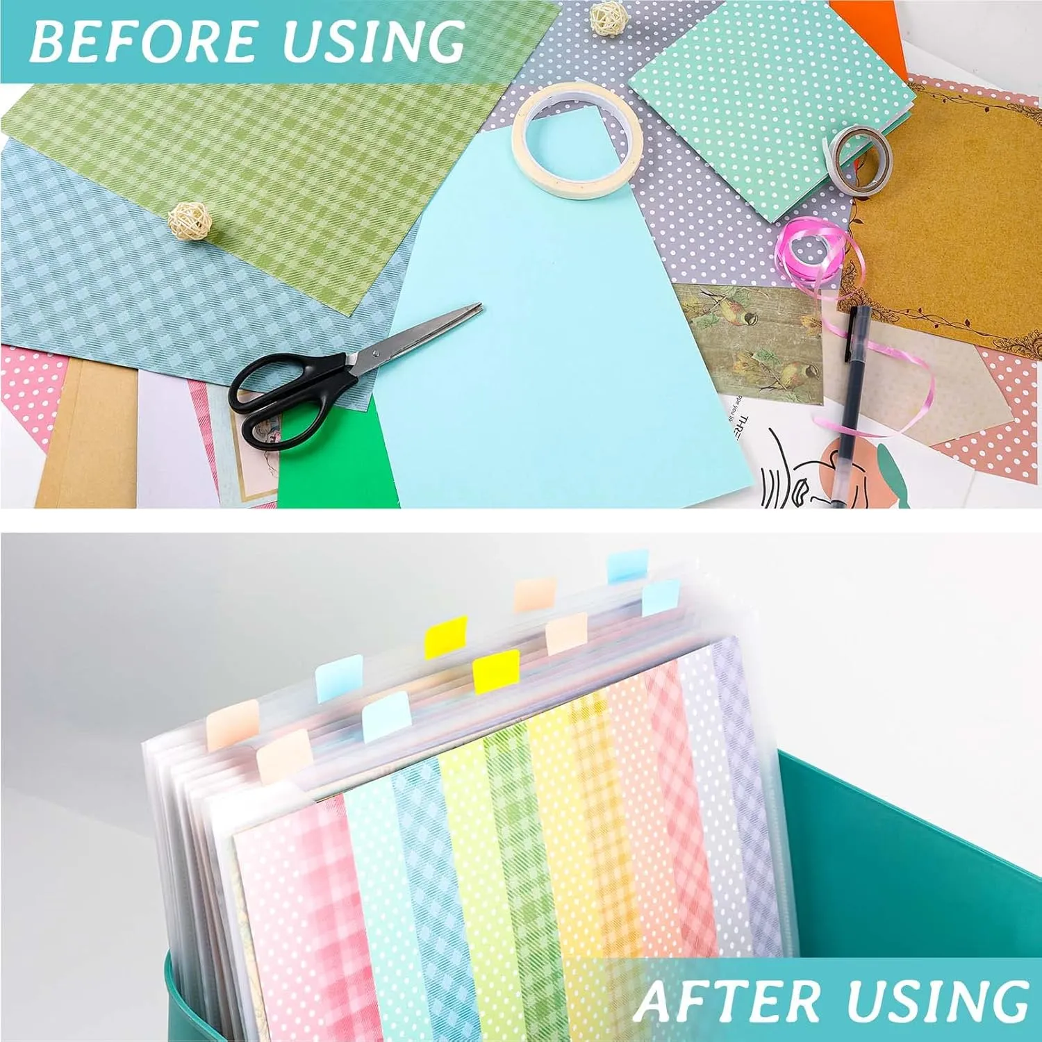 Caydo Scrapbook Paper Storage Organizer with 60 Sticky Index Tabs, 10 Pack Plastic Paper Storage Bag for Holding 12 x 12 Inch Scrapbooking Cardstock Vinyl File
