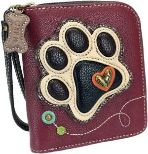 Chala Paw Print Zip-Around Wristlet Wallet, Dog Mom Gift Dog Lover (Maroon/Ivory)