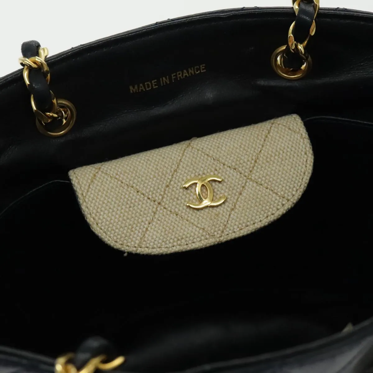 CHANEL Chain Tote Bag Canvas Lamb Skin Beige Black CC 93080