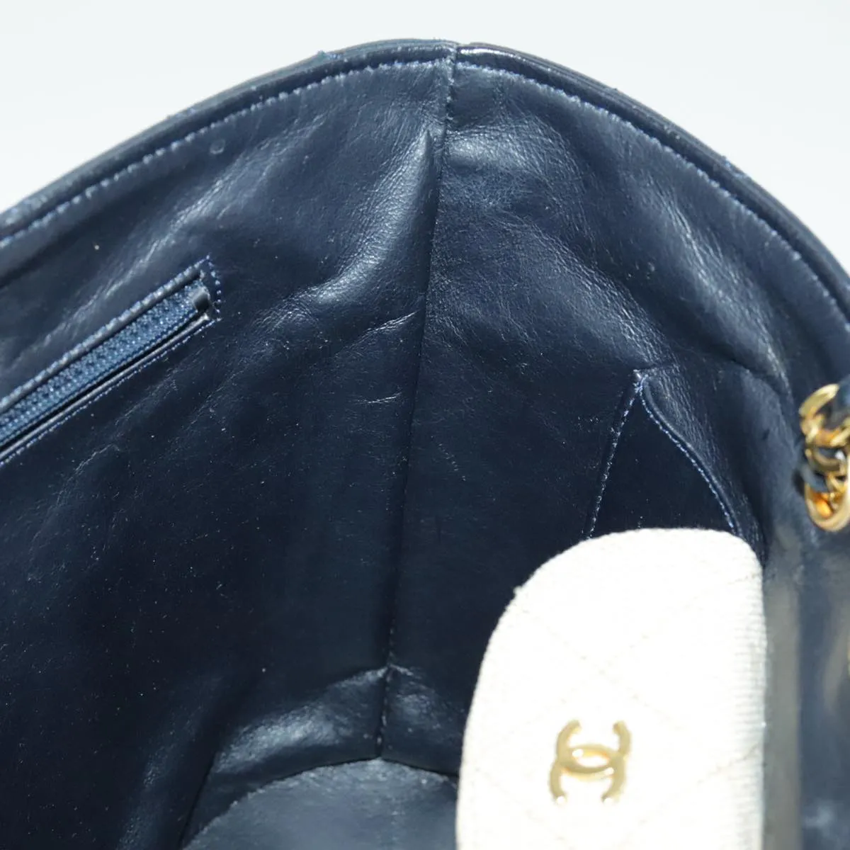 CHANEL Chain Tote Bag Canvas Lamb Skin Beige Black CC 93080