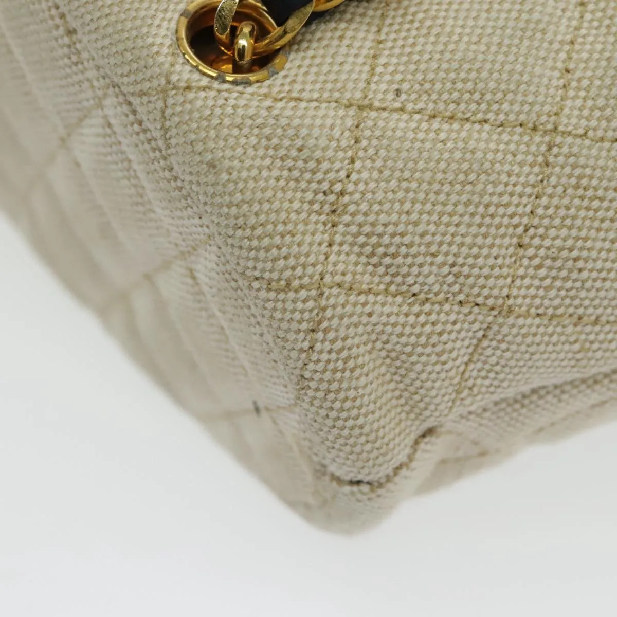 CHANEL Chain Tote Bag Canvas Lamb Skin Beige Black CC 93080