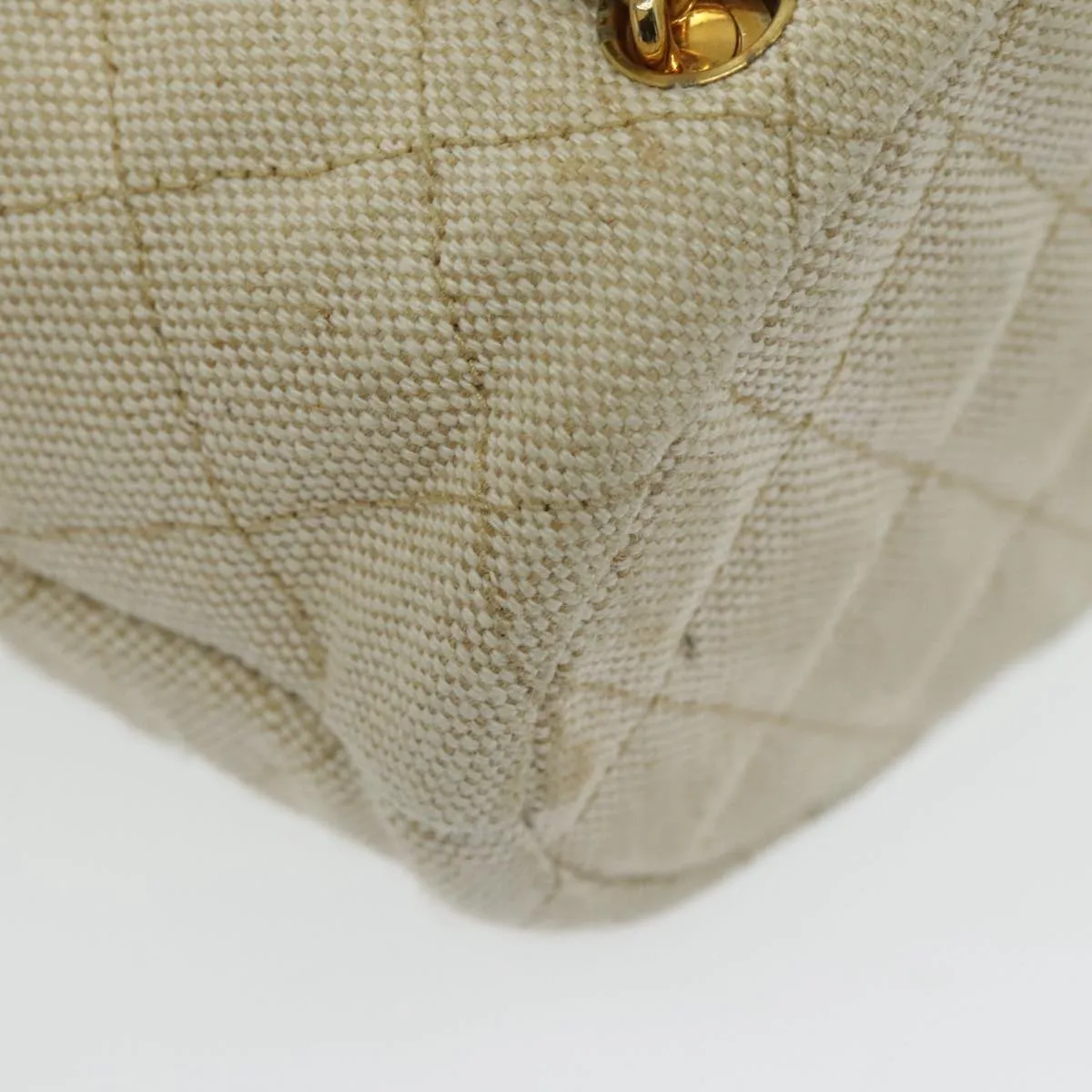 CHANEL Chain Tote Bag Canvas Lamb Skin Beige Black CC 93080