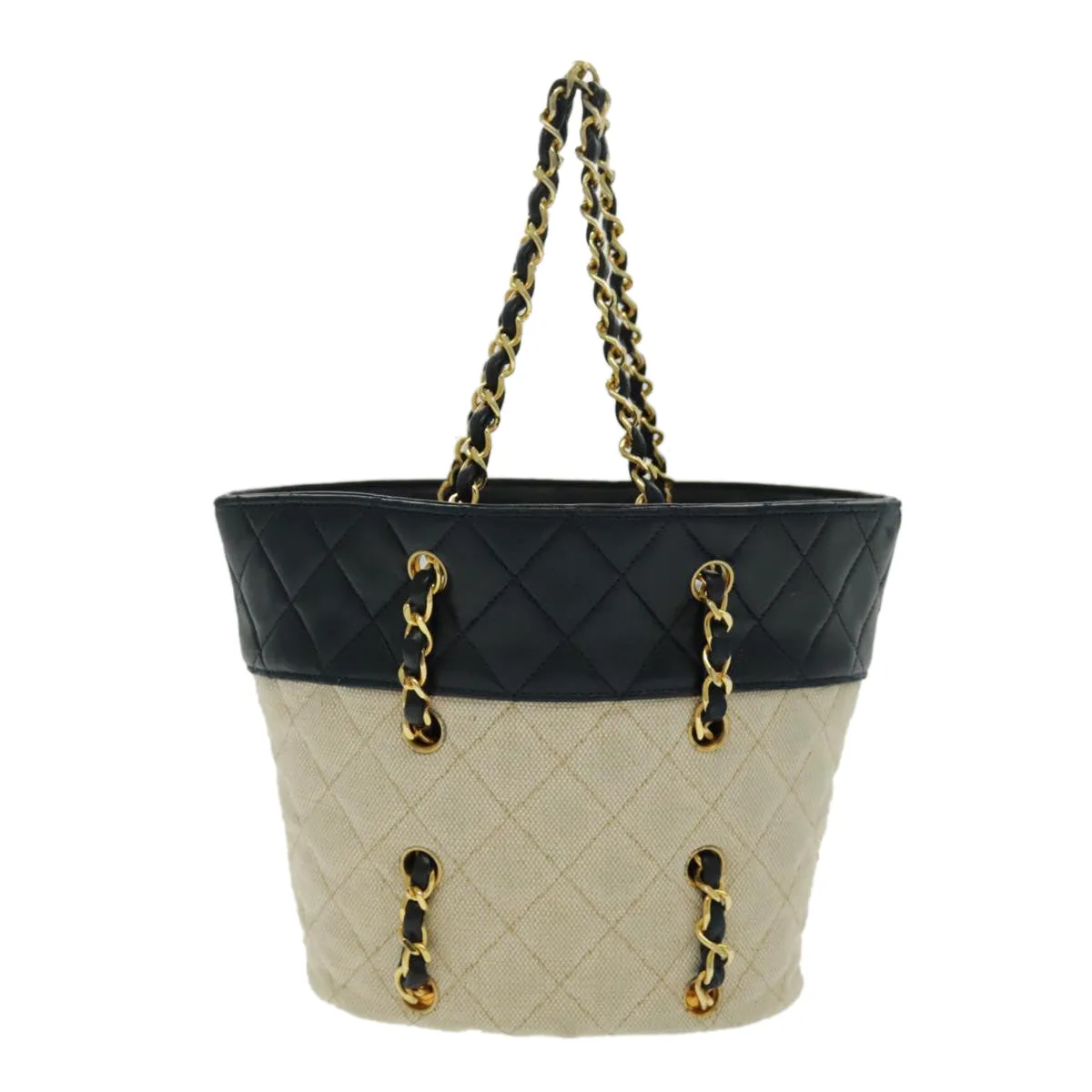 CHANEL Chain Tote Bag Canvas Lamb Skin Beige Black CC 93080