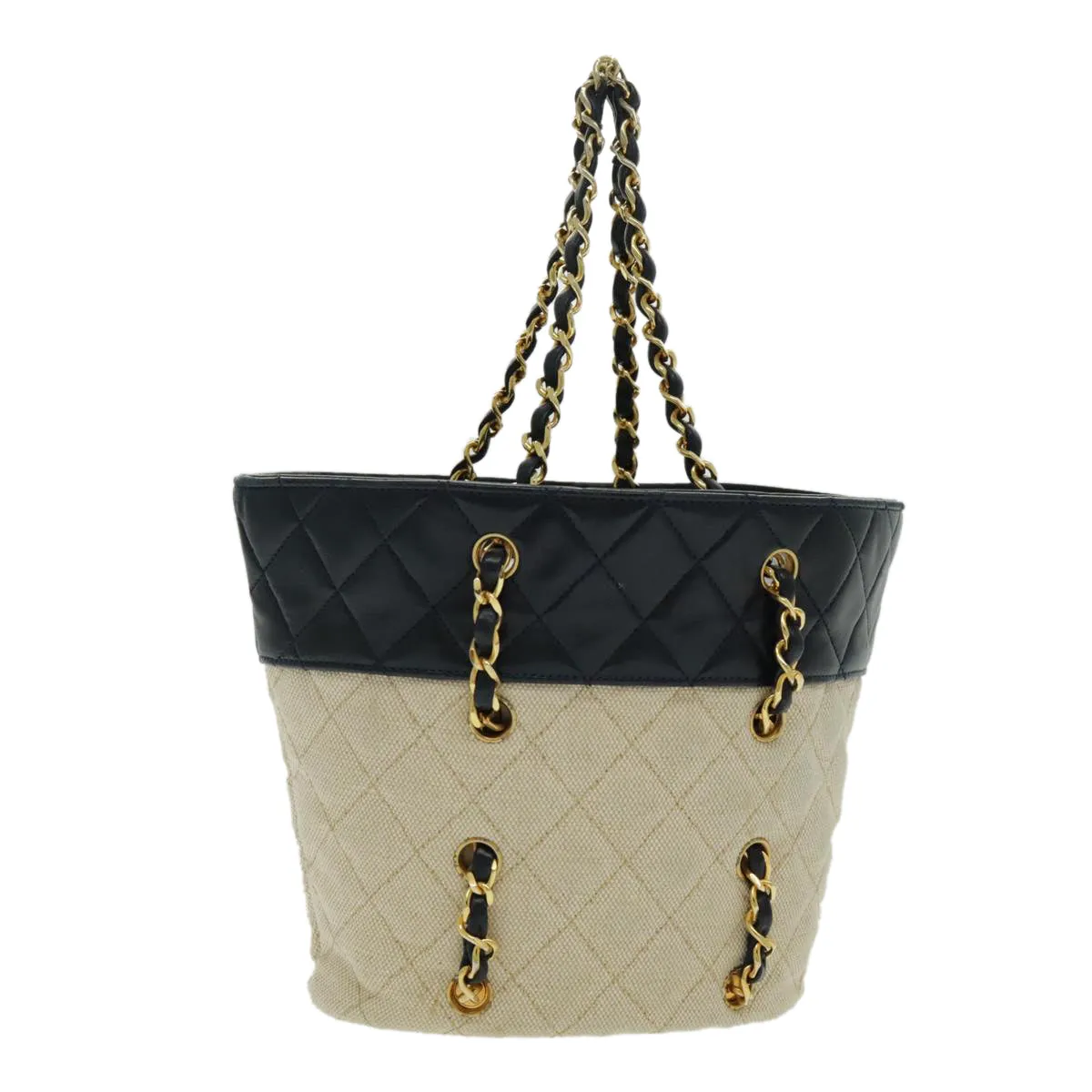 CHANEL Chain Tote Bag Canvas Lamb Skin Beige Black CC 93080