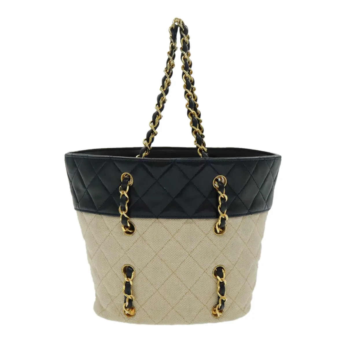 CHANEL Chain Tote Bag Canvas Lamb Skin Beige Black CC 93080
