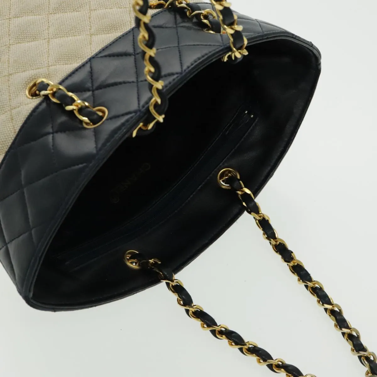 CHANEL Chain Tote Bag Canvas Lamb Skin Beige Black CC 93080