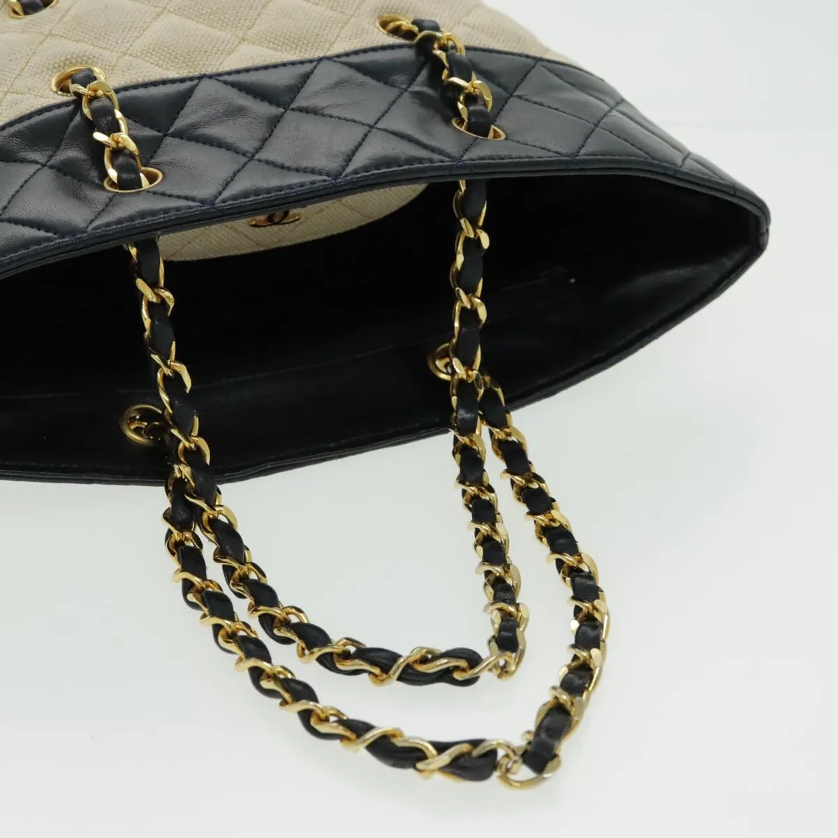 CHANEL Chain Tote Bag Canvas Lamb Skin Beige Black CC 93080
