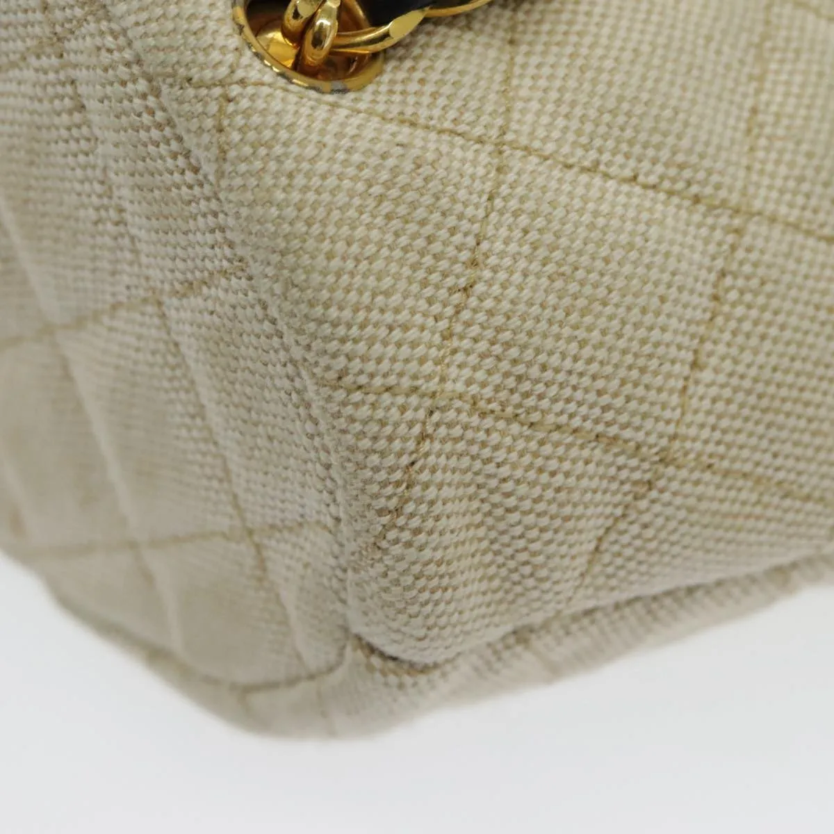 CHANEL Chain Tote Bag Canvas Lamb Skin Beige Black CC 93080