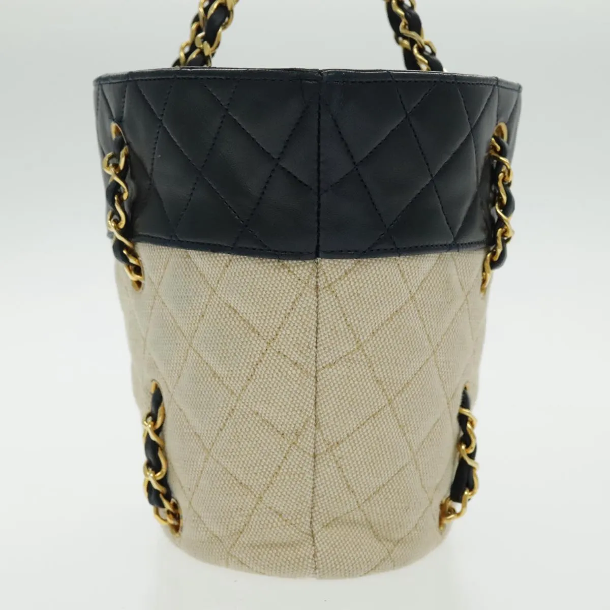CHANEL Chain Tote Bag Canvas Lamb Skin Beige Black CC 93080