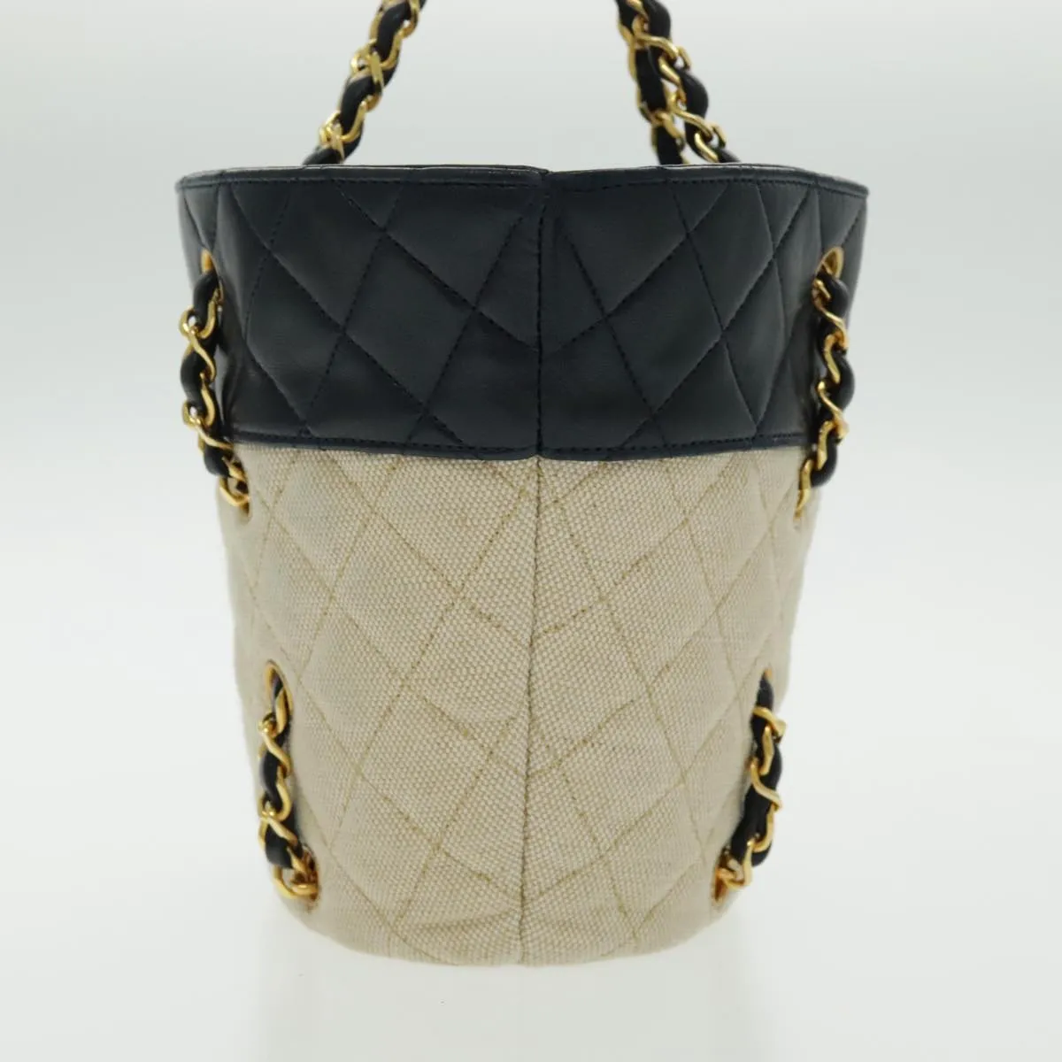 CHANEL Chain Tote Bag Canvas Lamb Skin Beige Black CC 93080