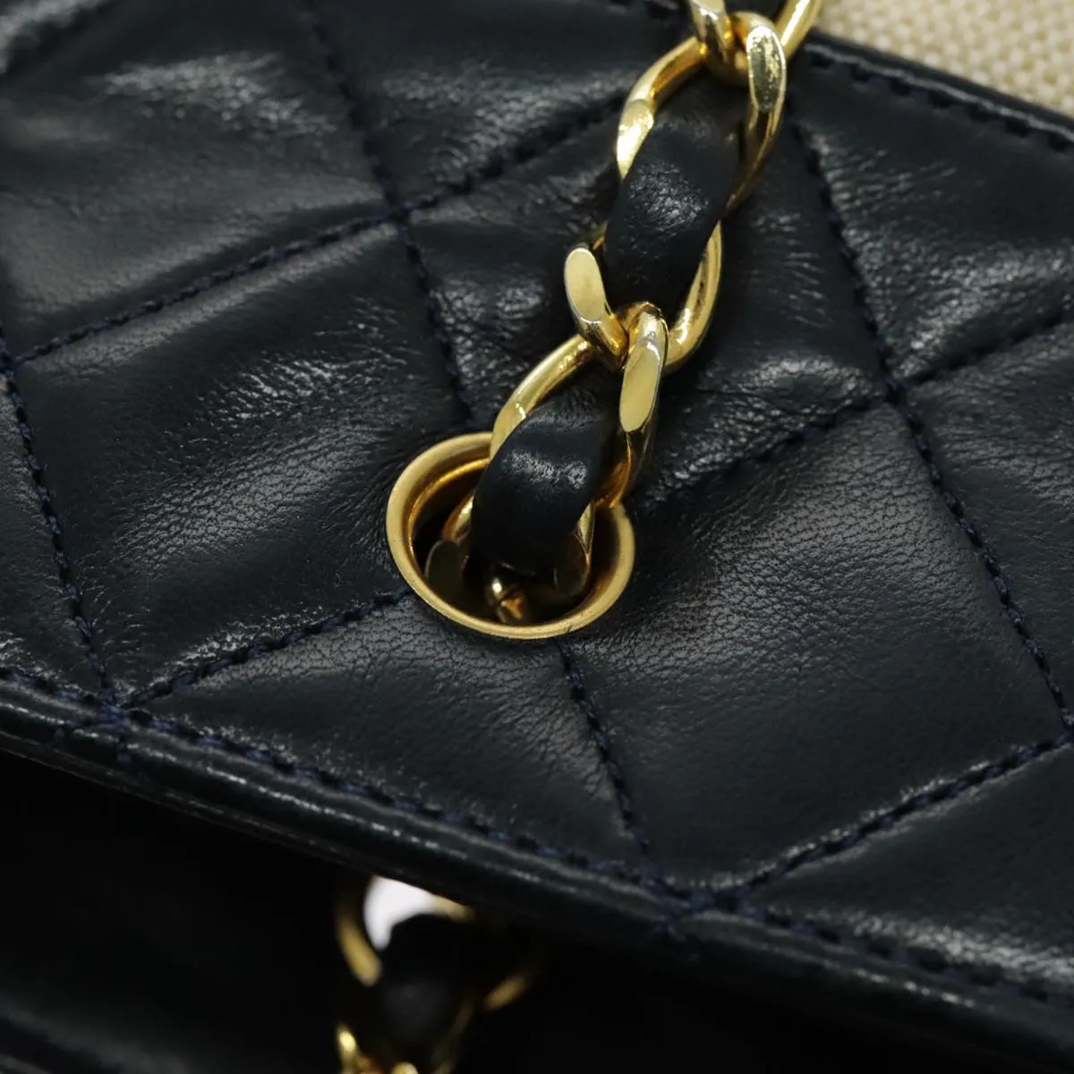 CHANEL Chain Tote Bag Canvas Lamb Skin Beige Black CC 93080