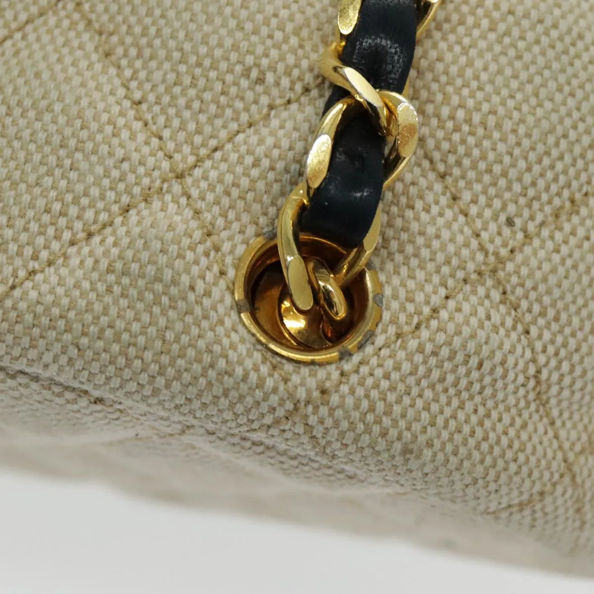 CHANEL Chain Tote Bag Canvas Lamb Skin Beige Black CC 93080
