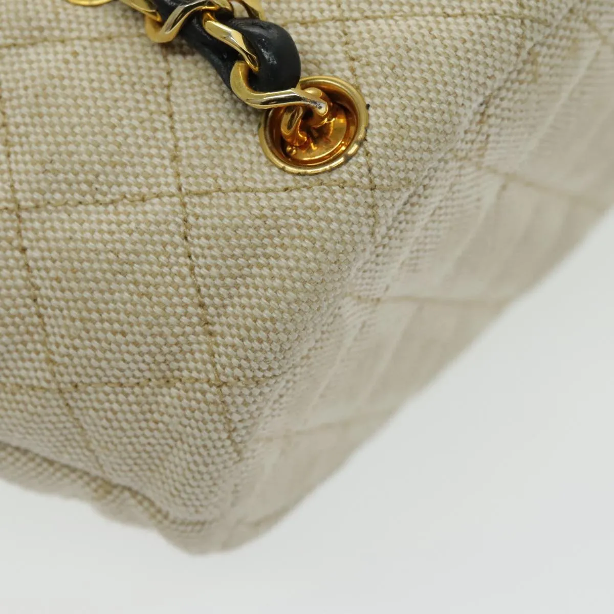 CHANEL Chain Tote Bag Canvas Lamb Skin Beige Black CC 93080