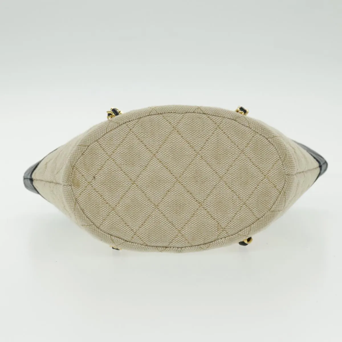 CHANEL Chain Tote Bag Canvas Lamb Skin Beige Black CC 93080