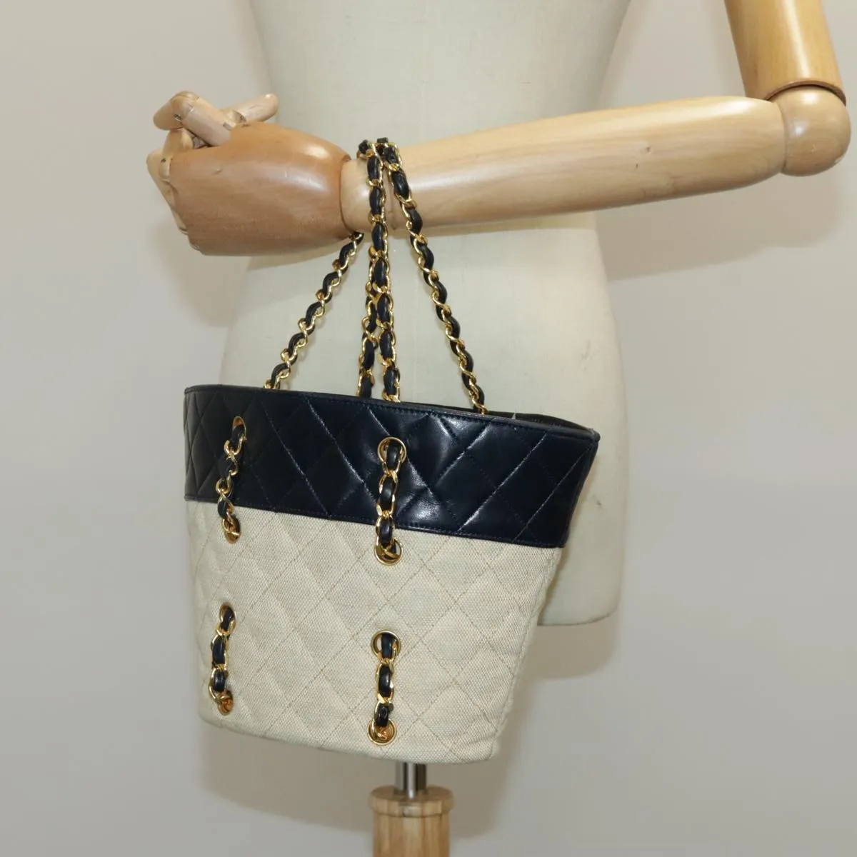 CHANEL Chain Tote Bag Canvas Lamb Skin Beige Black CC 93080
