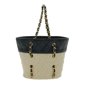 CHANEL Chain Tote Bag Canvas Lamb Skin Beige Black CC 93080