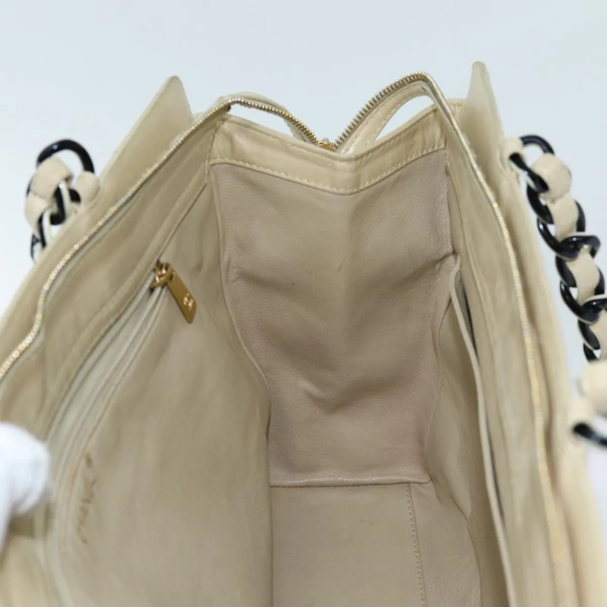 CHANEL Matelasse Chain Tote Bag Leather Beige CC yk11588